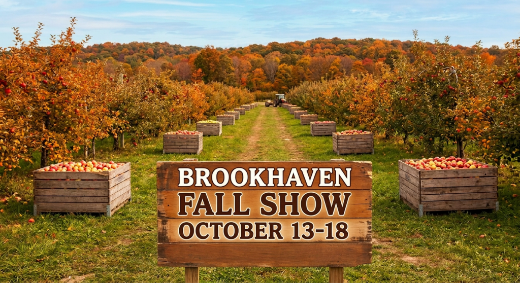 Wooden sign reading 'Brookhaven Fall Show October 13-18 Come celebrate the harvest!' in an apple orchard with crates of apples and a tractor in the background